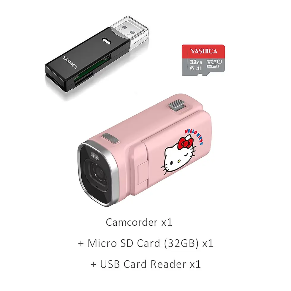 Thumbnail: A YASHICA x Hello Kitty DigiPocket Camcorder, a YASHICA USB card reader, a YASHICA microSD card (32GB)