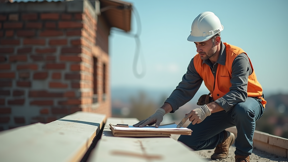 Close-up view of a contractor inspecting roofing materials on site