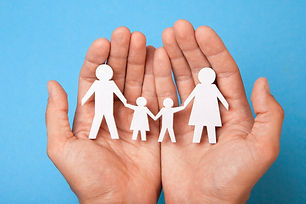 Family insurance. Man holds family, father, mother, son and daughter. Care.jpg