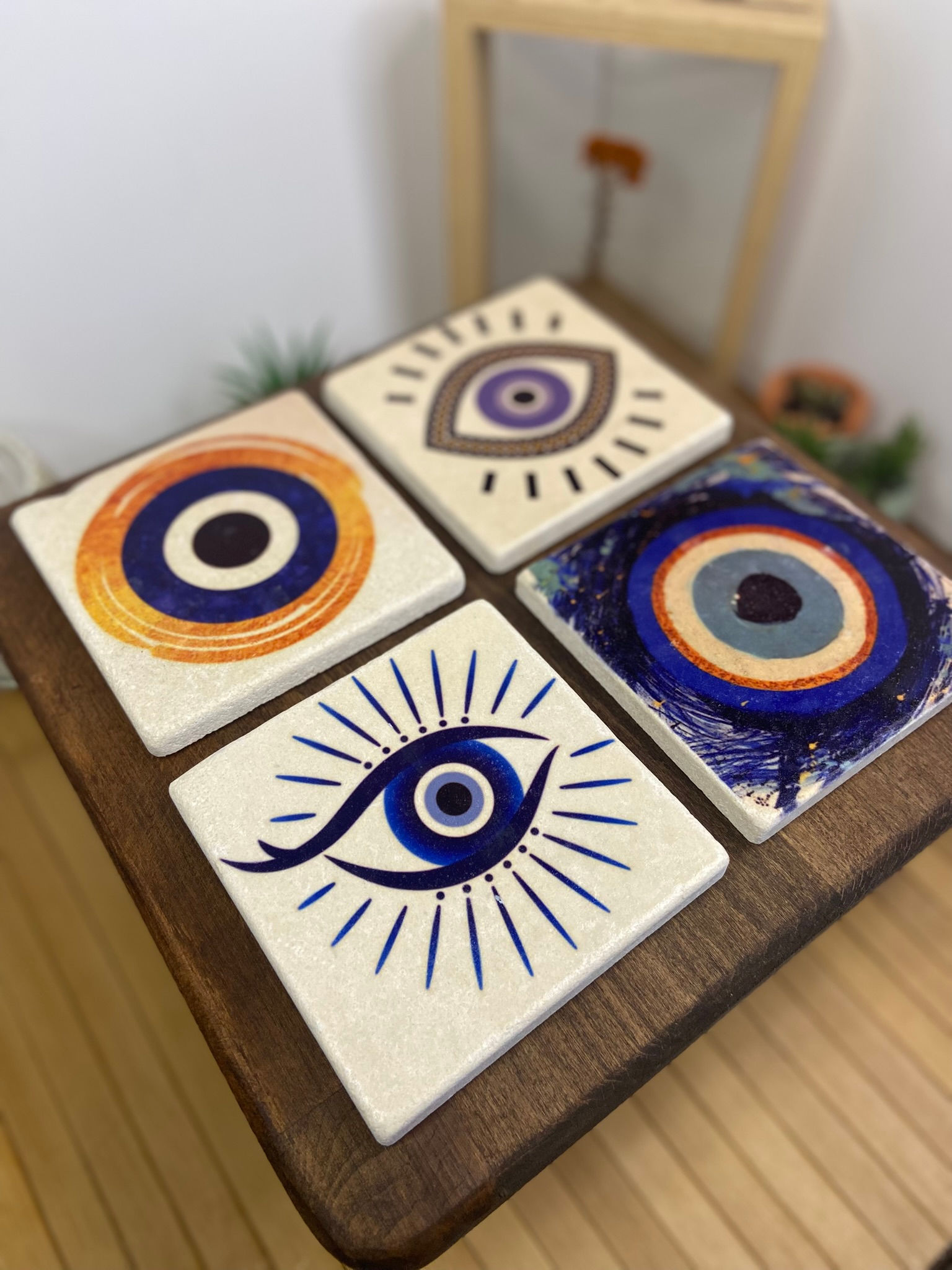 Doğal taş bardakaltı 4 lü set Nazar boncuğu