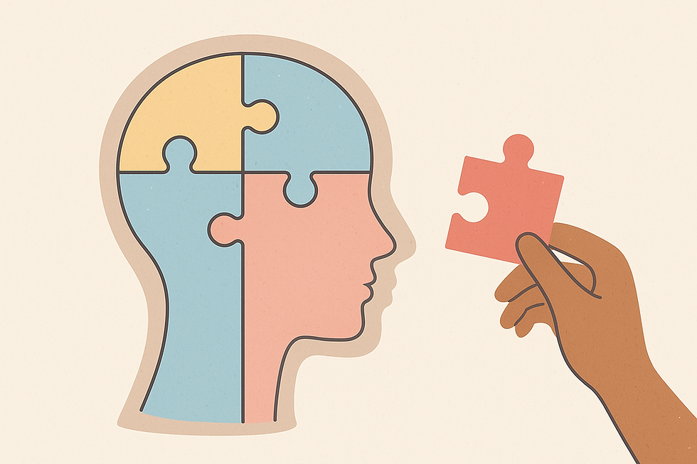 illustration of a human head made of pastel puzzle pieces with one piece missing. A hand holds the missing puzzle piece, symbolizing the mind-body connection and mental health.