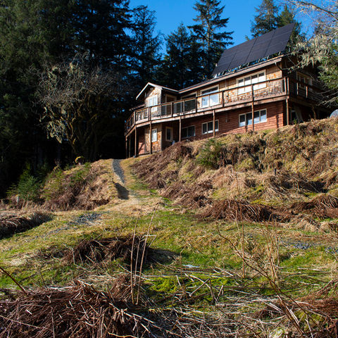 Exterior view of log home- looking up hill from shoreline, Waterfront Homestead for sale, Kupreanof Island Alaska