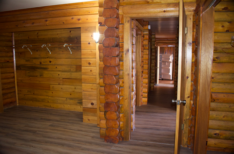 2nd floor, interior master bedroom, north facing closet 1 of 2, log interior, view of hallway, Waterfront Homestead for sale, Kupreanof Island Alaska