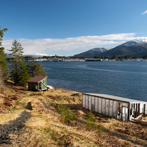 View from front of house looking northeast down to shoreline where the wood shed and greenhouse structures sit. Views of Mitkof Island and Petersburg's harbor, Waterfront Homestead for sale, Kupreanof Island Alaska