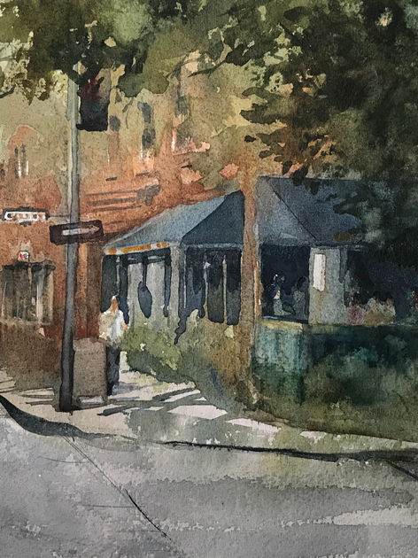 On Queen St. E in Toronto, Canada, people gather on the shady patio of Bonjour Brioche for coffees, pastries and famously delicious quiche. A watercolor painting by Mark Stuart Linton.
Mark.Stuart.Linton@gmail.com