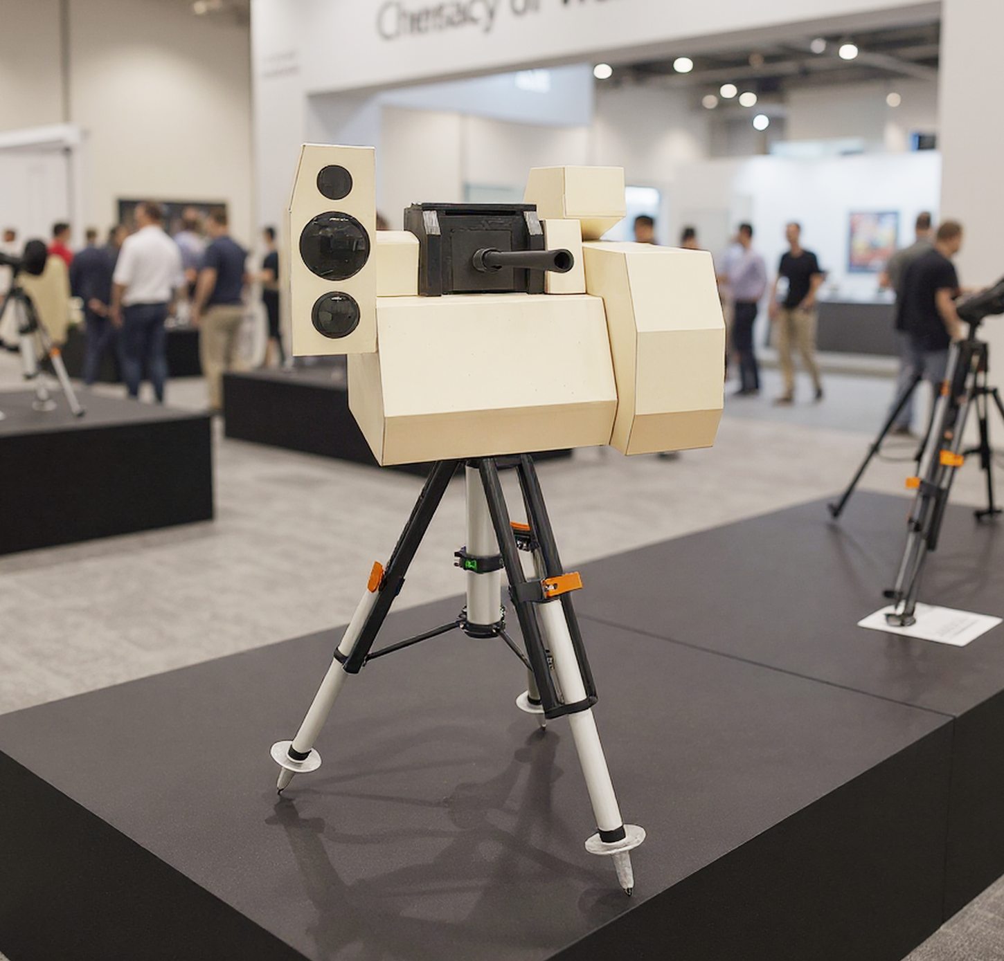 A beige, blocky mock cannon model mounted on a professional black and silver tripod, displayed in a gallery setting.