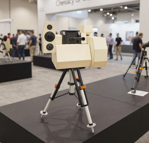 A beige, blocky mock cannon model mounted on a professional black and silver tripod, displayed in a gallery setting.