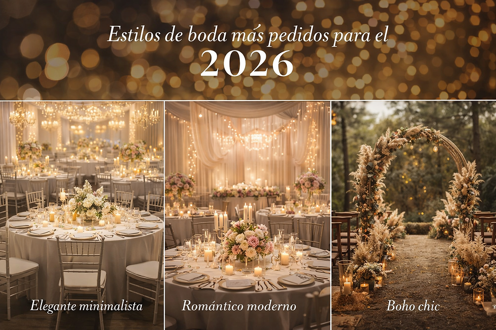 Imagen de portada: Estilos de boda más pedidos para el 2026, con decoraciones elegantes, iluminación cálida y ambientes modernos, románticos y personalizados en un salón de eventos. Imagen estilo Minimalista elegante: Boda minimalista elegante 2026 con decoración en tonos neutros, flores delicadas y diseño moderno en un ambiente luminoso y sofisticado. Imagen estilo Romántico moderno: Decoración de boda romántica moderna con flores suaves, iluminación cálida y detalles delicados que crean una atmósfera íntima y emotiva. Imagen estilo Boho chic: Boda boho chic 2026 con elementos naturales, pampas, madera y una decoración relajada en un entorno cálido y acogedor. Imagen estilo Clásico contemporáneo: Boda clásica contemporánea con detalles dorados, flores blancas y una decoración elegante y atemporal en salón de eventos. Imagen estilo Personalizado / storytelling: Boda personalizada 2026 con detalles únicos que reflejan la historia de la pareja, decoración emotiva y elementos diseñados a medida.