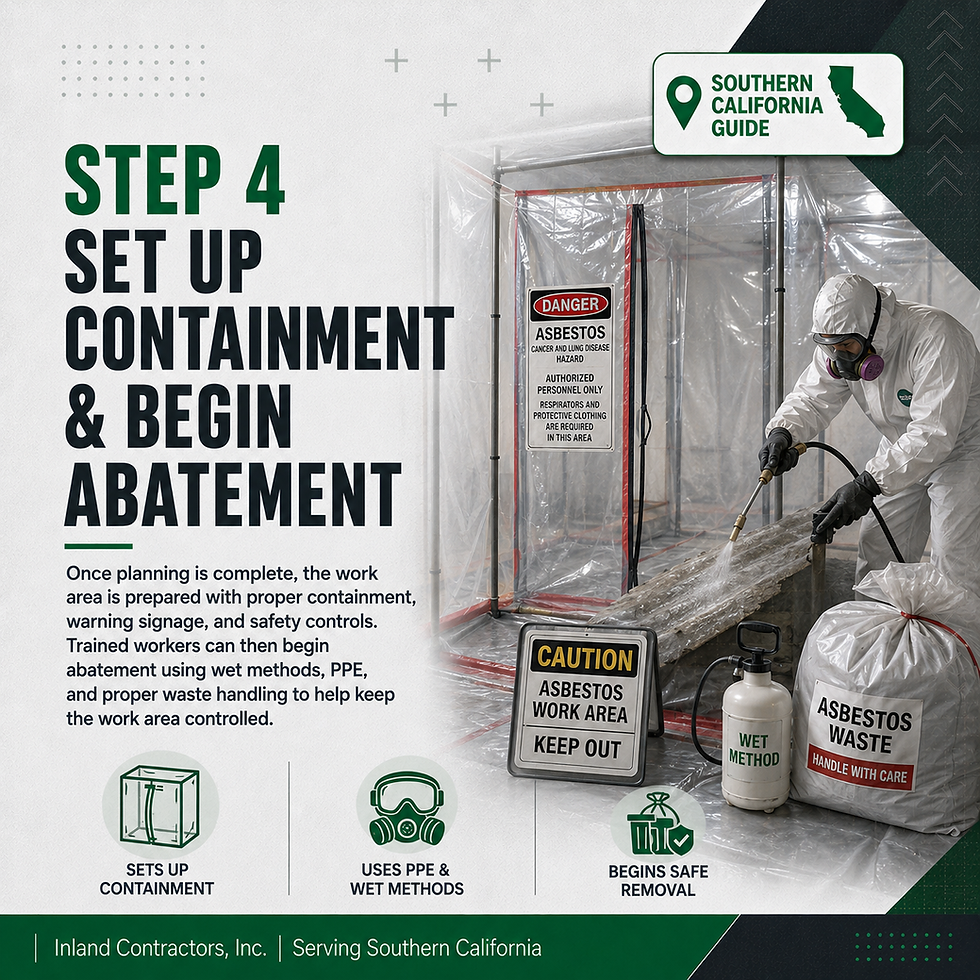 Graphic showing Step 4 of the asbestos abatement process: setting up containment and beginning safe asbestos removal.