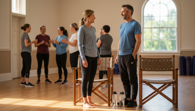 Wide-angle view of two people chatting beside chairs after a gentle exercise class.