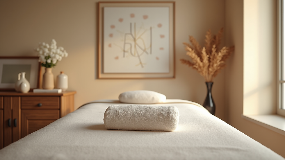 Eye-level view of a calm therapy room with a massage table