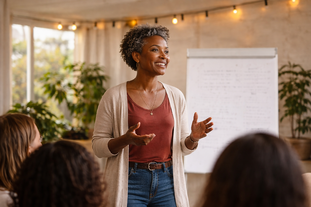 Middle aged woman facilitating a workshop