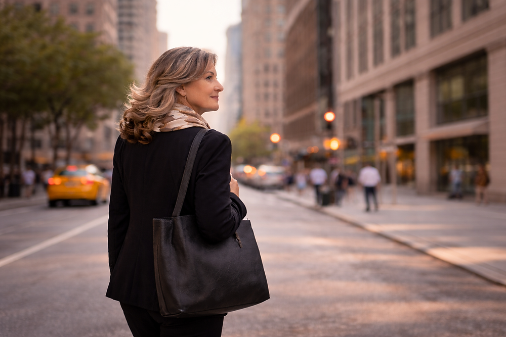 Confident woman in tailored clothes walking