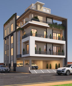 Contemporary apartment-style home with rooftop garden and projecting balconies.