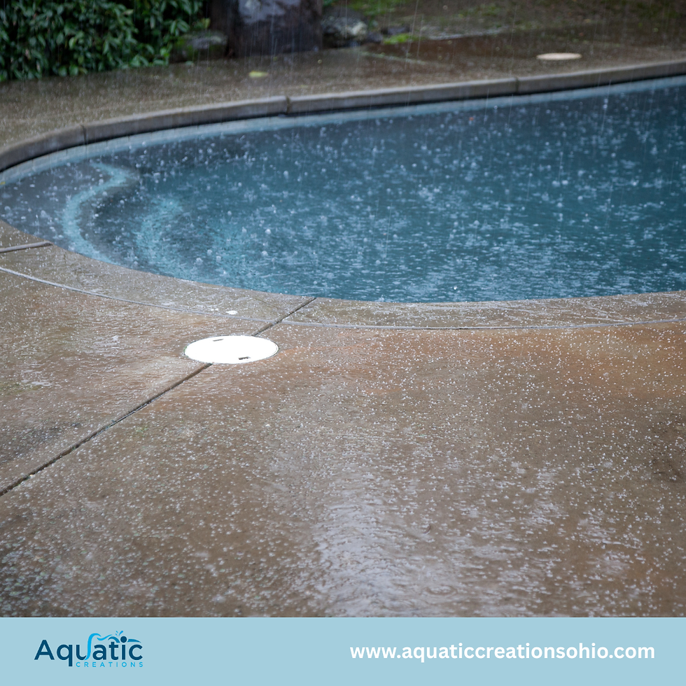 Rain splashes on an empty backyard pool and wet deck, with Aquatic Creations logo and website at bottom.