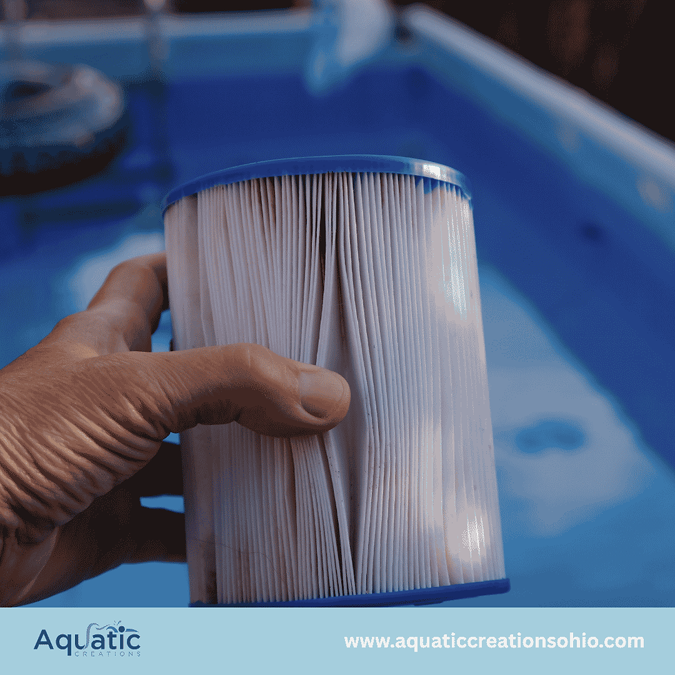 Hand holding a white filter with a blue edge in front of a blue pool. Logo and website text at the bottom: Aquatic Creations, aquaticcreationsohio.com.
