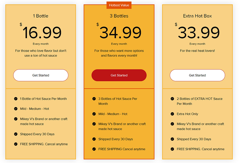 Three hot sauce subscription plans are displayed: 1 bottle for $16.99, 3 bottles for $34.99, and an extra hot box for $33.99.