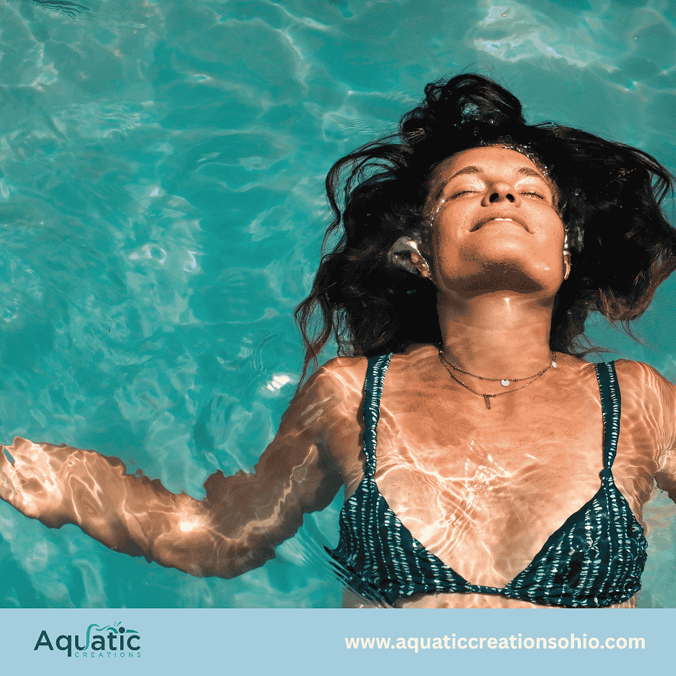 Woman floating in turquoise pool with eyes closed, patterned bikini; Aquatic Creations and website text below.