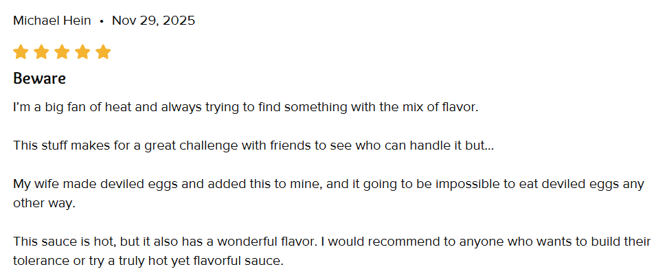 Screenshot of a 5-star review by Michael Hein dated Nov 29, 2025, titled Beware, praising the eafo hot sauce.