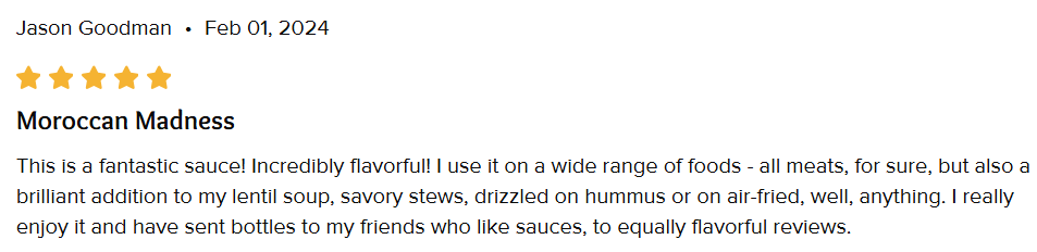 Screenshot of a 5-star review by Jason Goodman, Feb 01, 2024, titled Moroccan Madness, praising a flavorful sauce