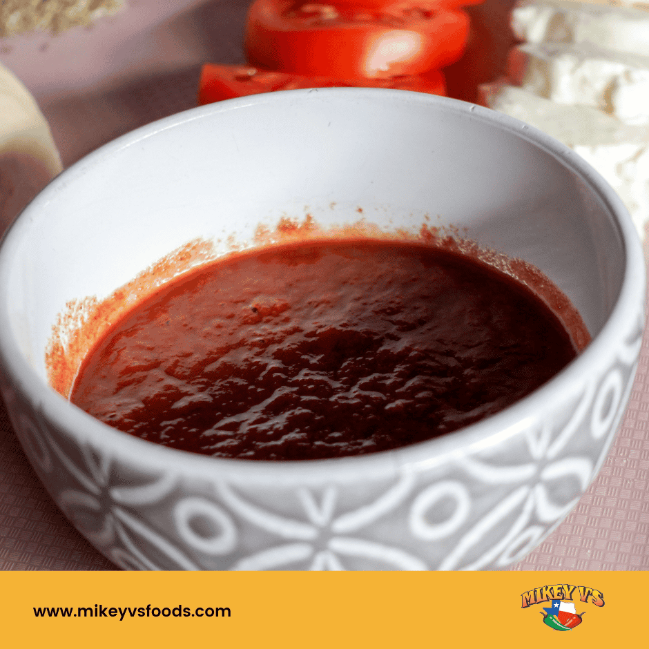 A white bowl filled with red sauce on a pink surface, surrounded by sliced tomatoes and cheese. Decorative bowl pattern visible. Website text: mikeyvsfoods.com.