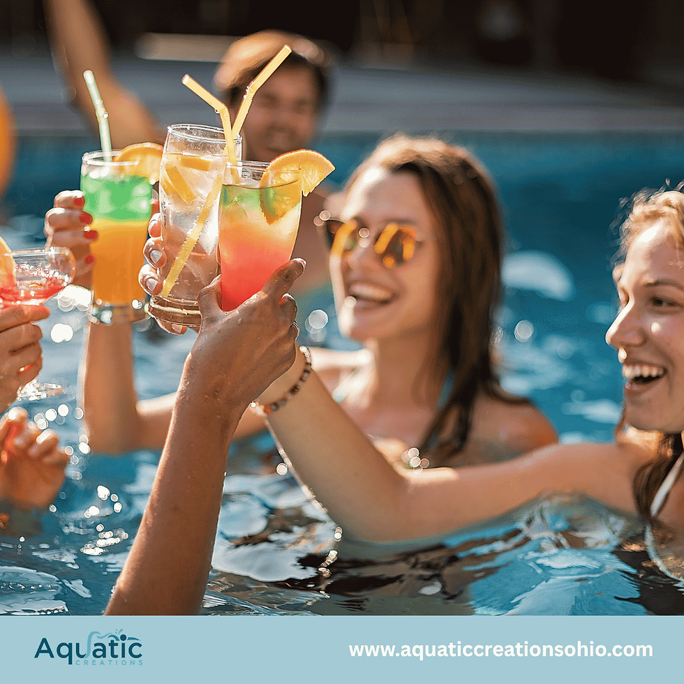 Friends in a pool toast colorful cocktails, smiling in sunlight; Aquatic Creations logo and aquaticcreationsohio.com below.