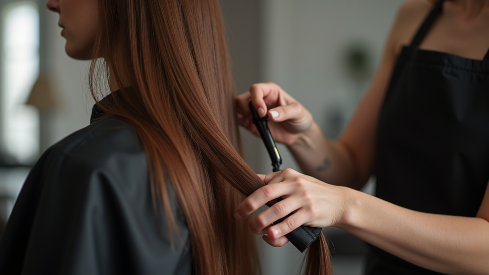 Close-up view of hairdresser applying hair color to long hair