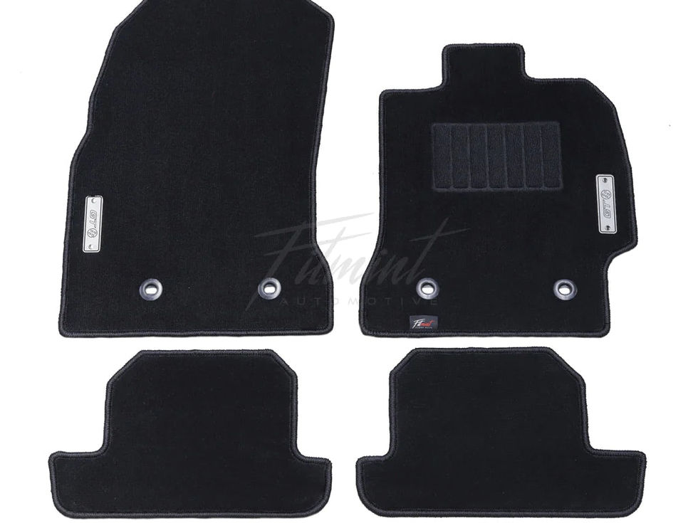 Black car floor mats with silver logos and 'Fitmint' text