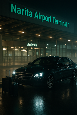 Luxury car with luggage at airport curb at night with glowing signage and misty runway backdrop.