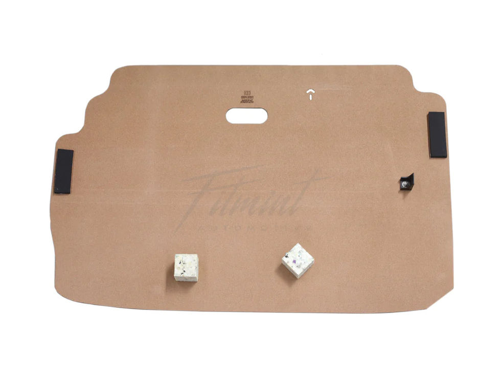 Brown car trunk liner with two white boxes and black adhesive strips