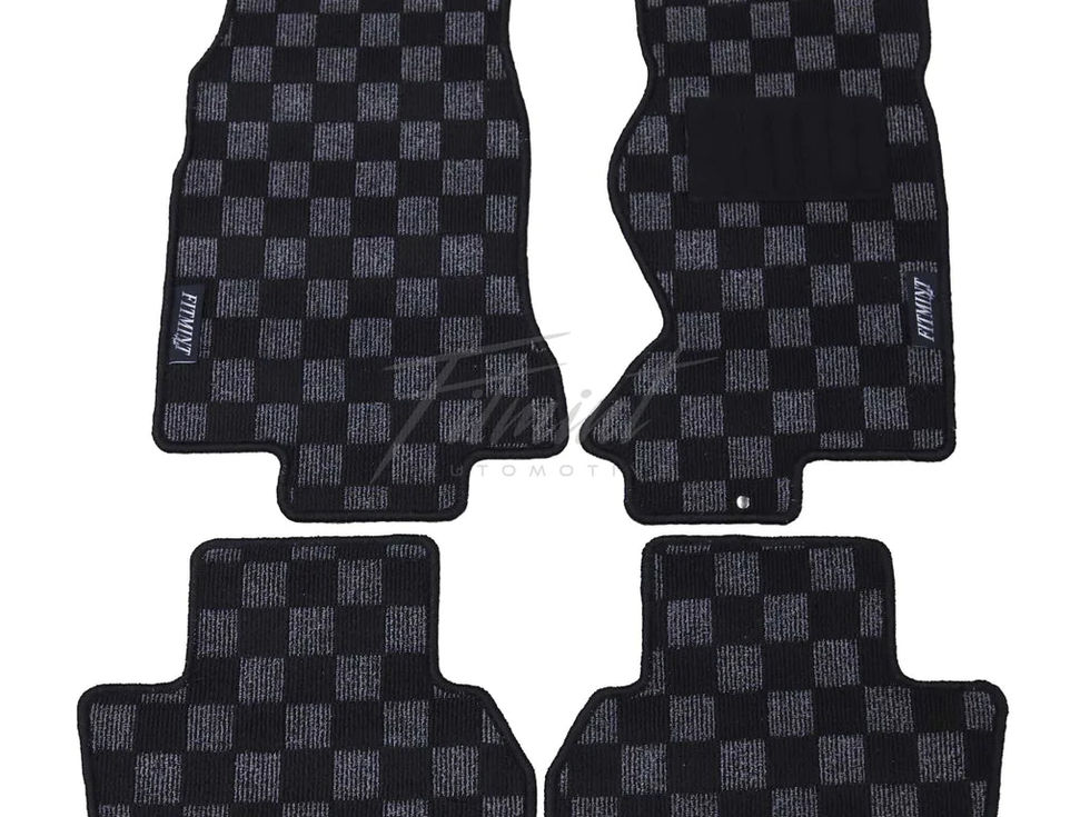 Set of four black checkered car floor mats with FITMAT logo