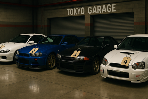 Row of pristine JDM cars parked in a Tokyo garage with Japanese signage and polished floors.