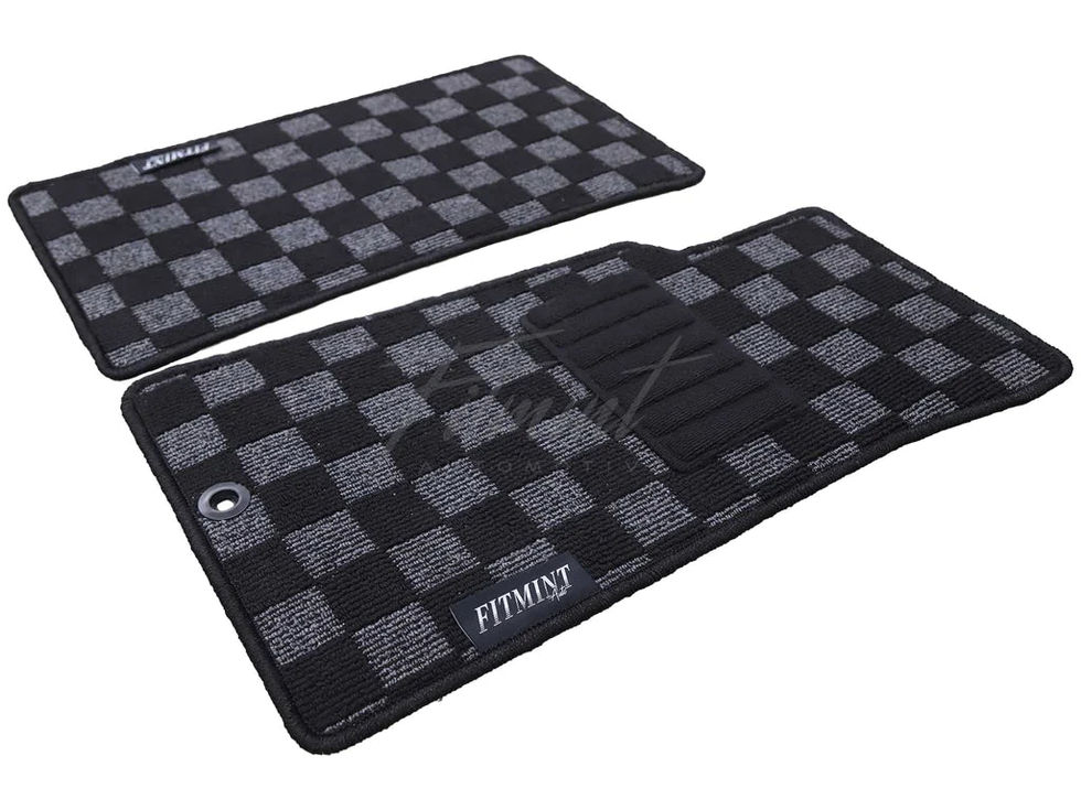 Two black and grey checkered car floor mats with the word 'FITMINT' on one mat.
