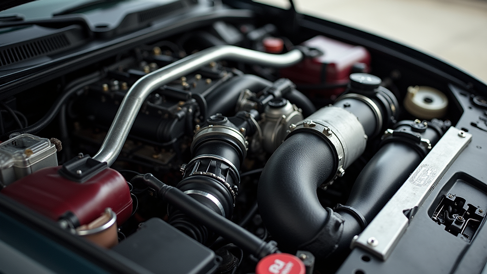 Close-up view of Mazda RX7 FD engine bay showing turbocharger and intake components