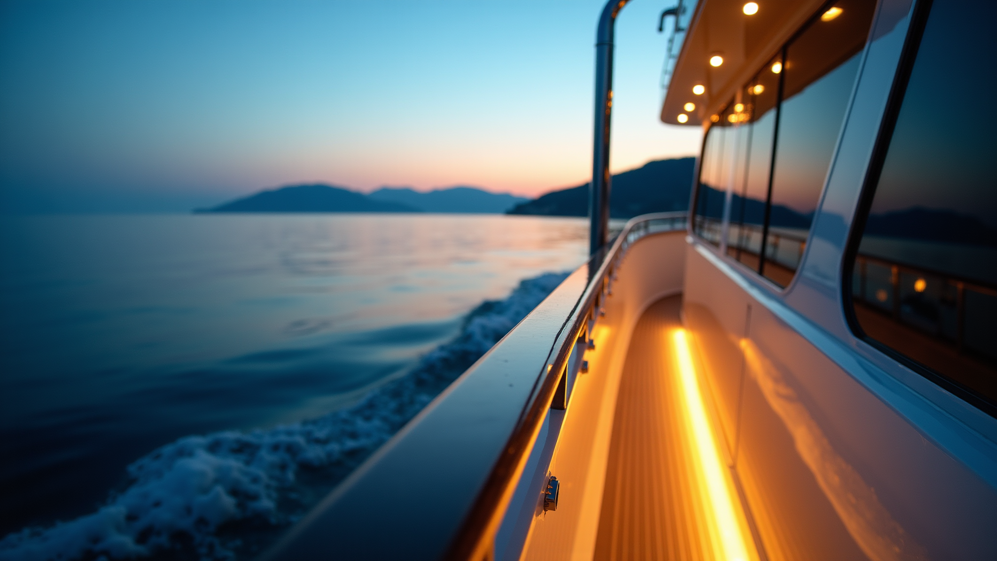 View of the yacht's side corridor illuminated at dusk