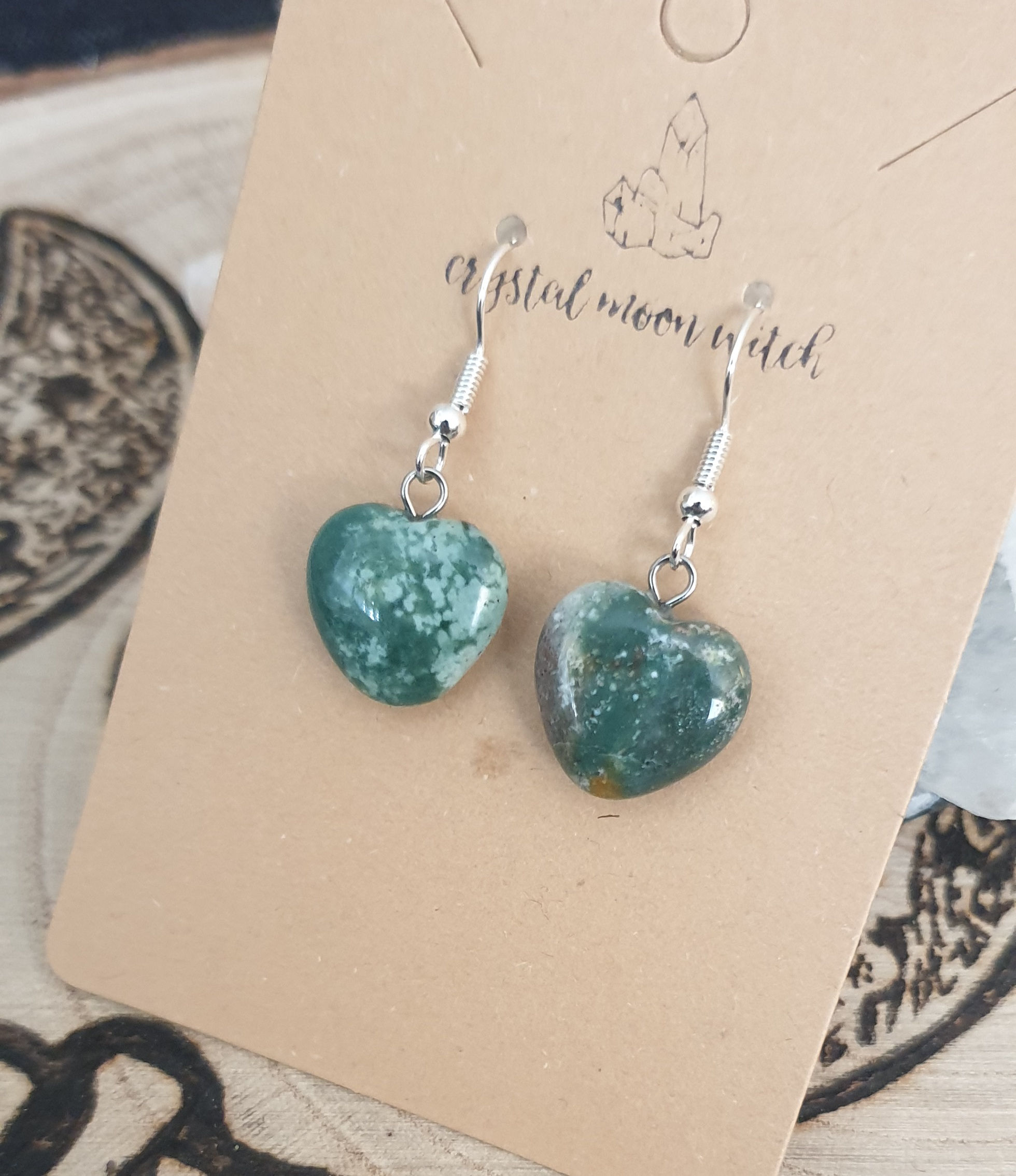 Moss Agate heart earings 