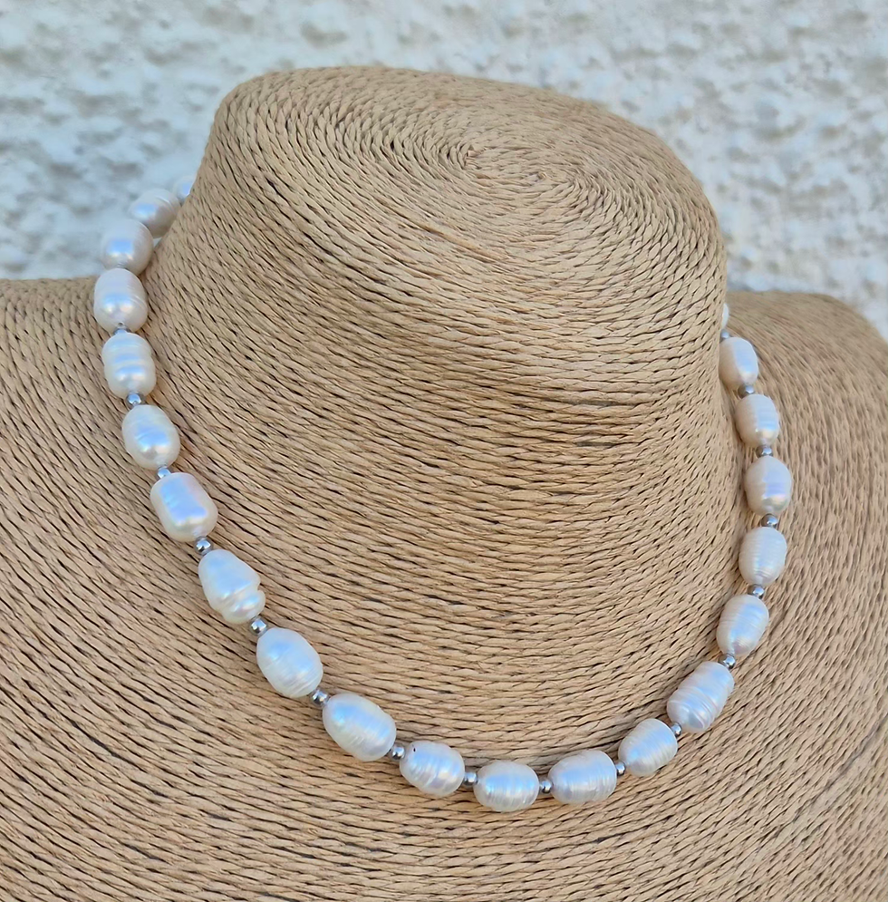 Thumbnail: Freshwater Pearl Necklace Choker ~ SILVER 