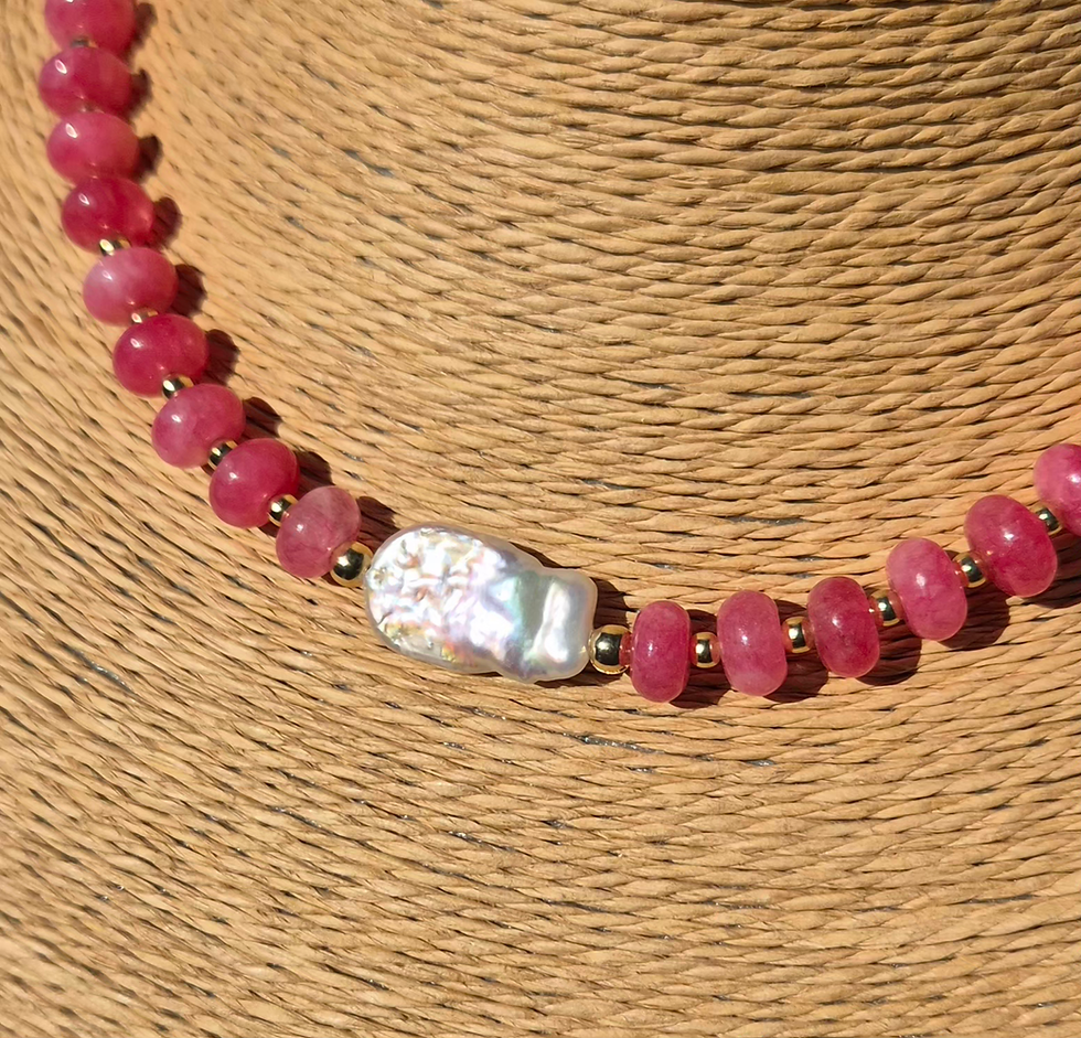 Thumbnail: Pink Chalcedony and Freshwater Pearl Necklace Choker ~ GOLD 