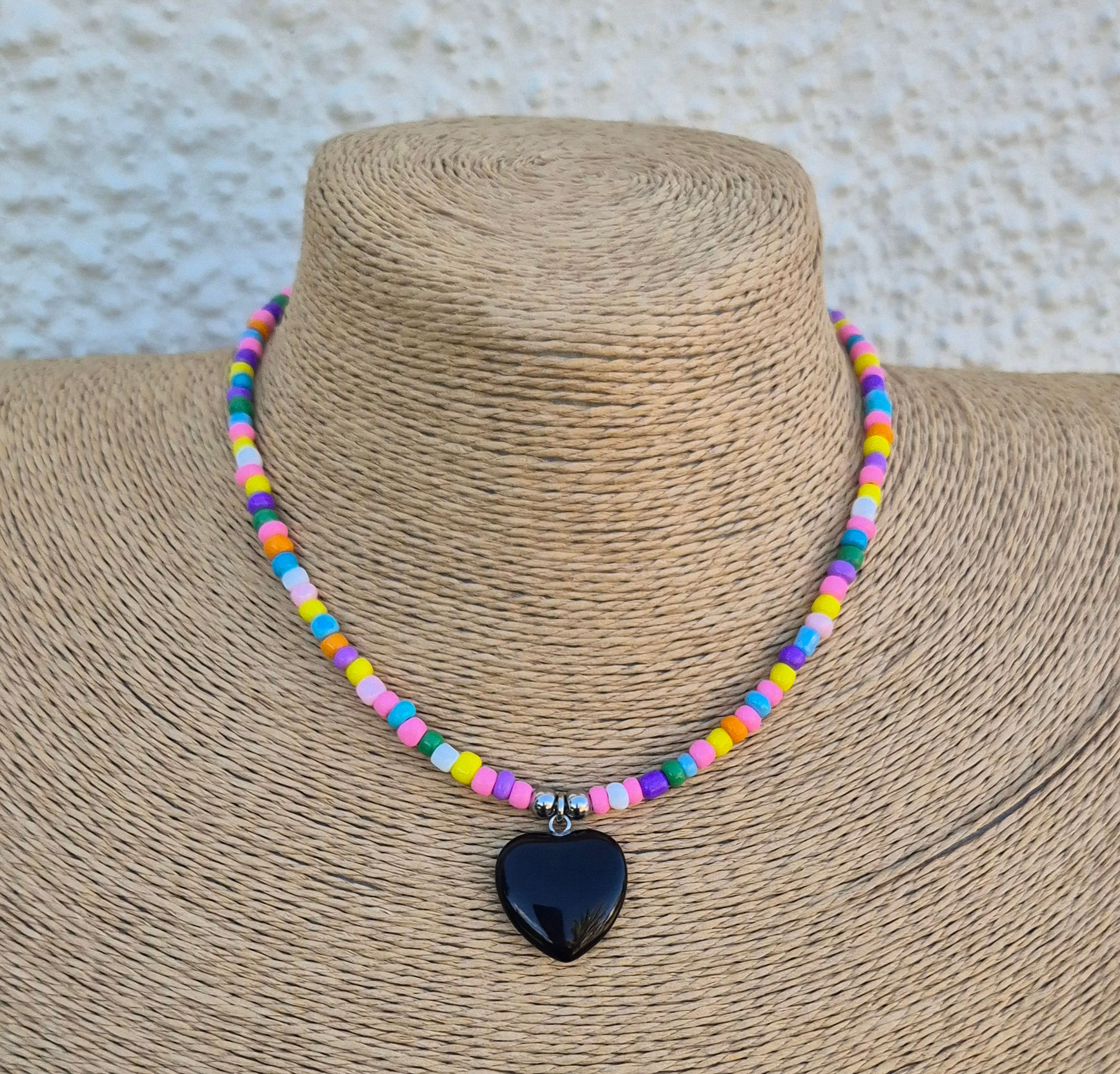 Obsidian heart rainbow Necklace