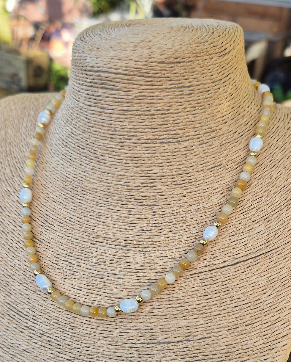 Thumbnail: Yellow Honey Jade Freshwater Pearl Necklace 