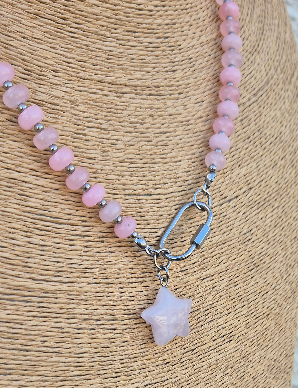 Thumbnail: Rose Quartz Pink Chalcedony Star Necklace ~ SILVER 
