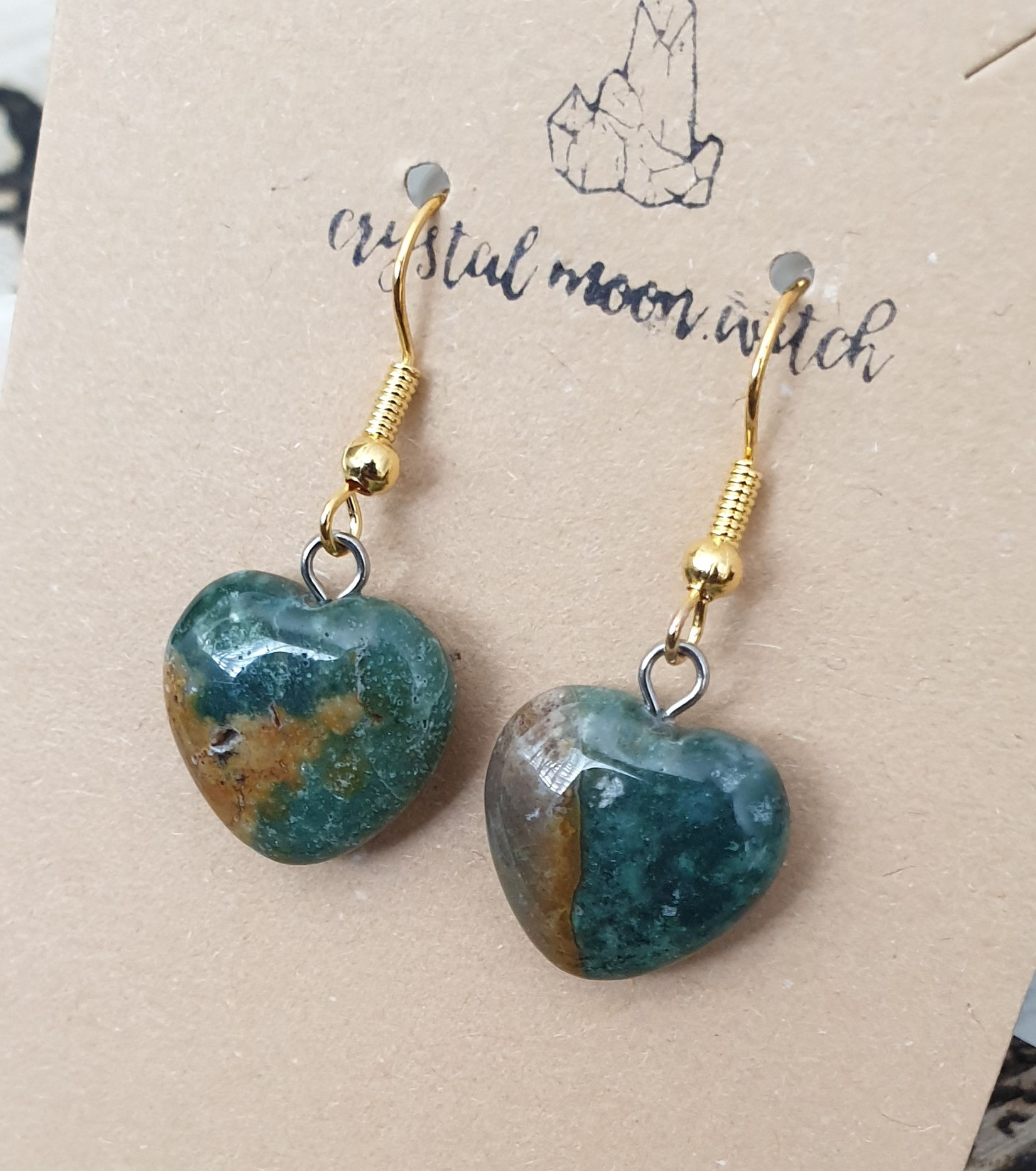 Moss Agate heart earings 