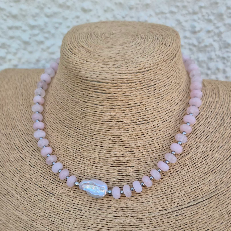 Thumbnail: Rose Quartz and Pearl Necklace Choker ~ SILVER 