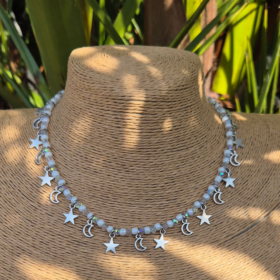 Thumbnail: Glass Crystal Star and Moon Charm Necklace Choker SILVER