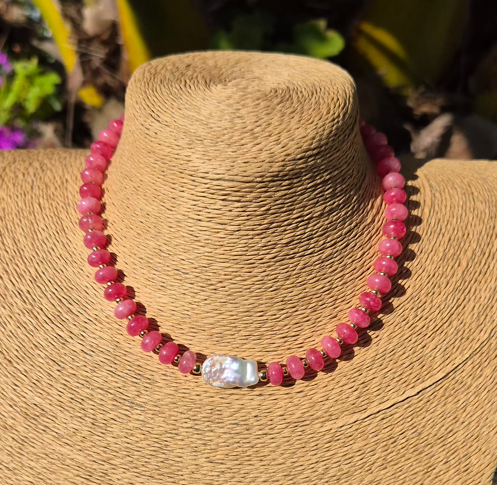 Thumbnail: Pink Chalcedony and Freshwater Pearl Necklace Choker ~ GOLD 