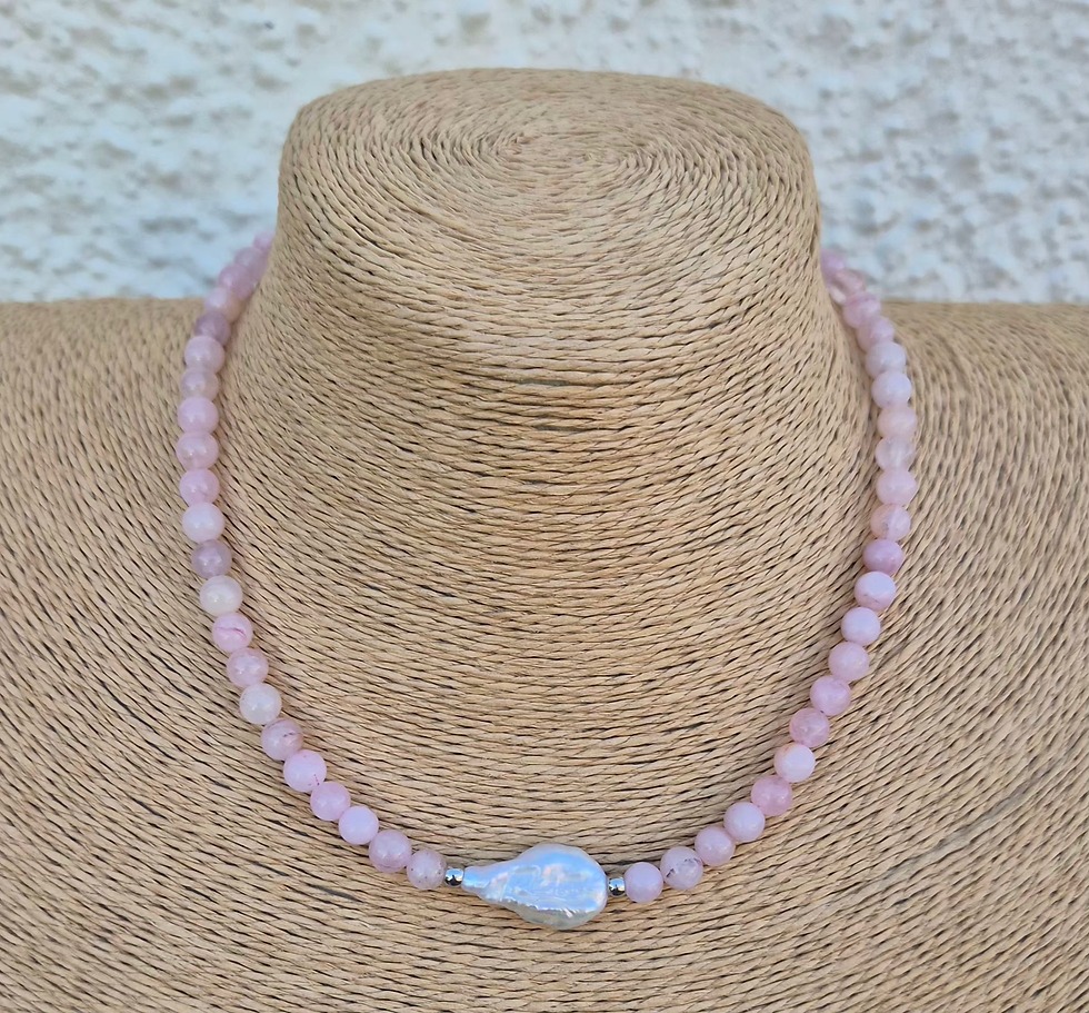 Thumbnail: Rose Quartz Freshwater Pearl Necklace ~ SILVER 