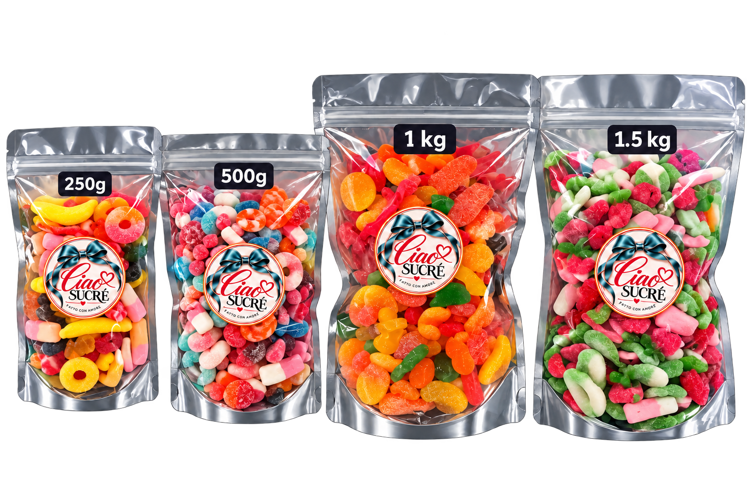 Ciao Sucré bags: 250 g, 500 g, 1 kg and 1.5 kg, from left to right