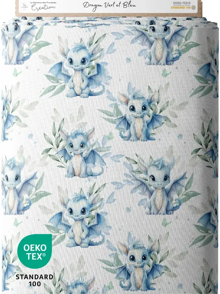 Tissu coton imprimé Dragons Verts et Bleus Oeko-Tex, motifs adorables de dragons et feuillages pastel.