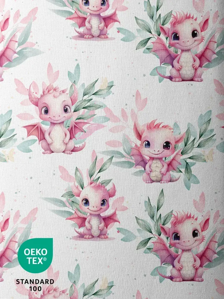 Motif Dragons Rose et Vert sur toile de coton, certifié Oeko-Tex®, parfait pour vêtements et décoration.