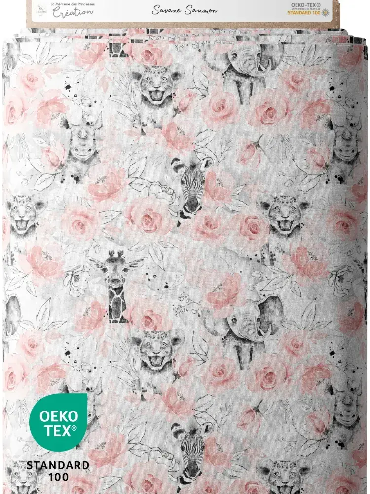 Tissu coton imprimé Savane Rose Saumon certifié Oeko-Tex, motifs élégants d'animaux et fleurs roses